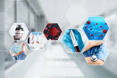 Coronavirus COVID-19 fotoğraf pankartı, covid-19 veya 2019 Coronavirus Hastalığını önlemek, tedavi etmek ve tedavi etmek için ilaç, aşı ve doktor hizmetleri de dahil olmak üzere tıbbi tedavi kavramını içermektedir..
