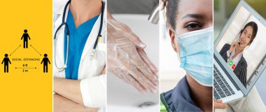 Coronavirus COVID-19 görüntü pankartı güvenlik önlemi ve covid-19 ya da 2019 Coronavirus hastalığının yayılmasını önlemek için doktor hizmeti de dahil olmak üzere önleme bilgisi kavramına yerleştirildi.