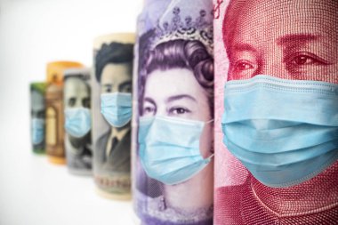 Uluslararası para birimleri arasında ABD Doları, Euro Para Birimi, British UK Pound, Australian Dollar, China Yuan ve Japan Yen Coronavirus hastalığı COVID-19 ekonomik kriz maskesiyle karşı karşıya.
