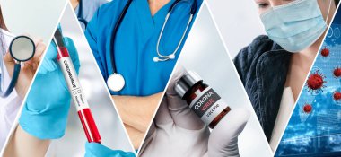 Coronavirus COVID-19 fotoğraf pankartı, covid-19 veya 2019 Coronavirus Hastalığını önlemek, tedavi etmek ve tedavi etmek için ilaç, aşı ve doktor hizmetleri de dahil olmak üzere tıbbi tedavi kavramını içermektedir..