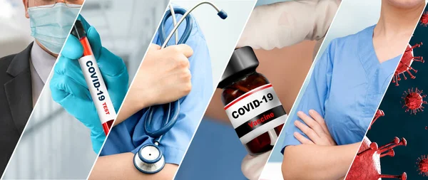 Coronavirus Covid Fotoset Banner Begreppet Medicinsk Behandling Inklusive Medicin Vaccin — Stockfoto