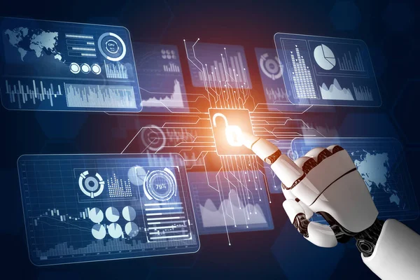 3Dレンダリング未来型ロボット技術開発 人工知能Ai 機械学習の概念 人間の未来のための世界的なロボット生物科学研究 — ストック写真
