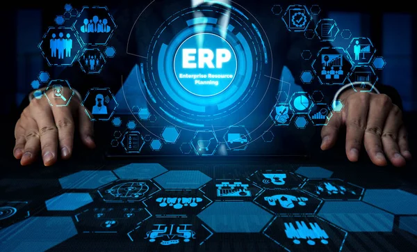 现代图形界面中业务资源计划的企业资源管理Erp软件系统展示了公司企业资源管理的未来技术 — 图库照片