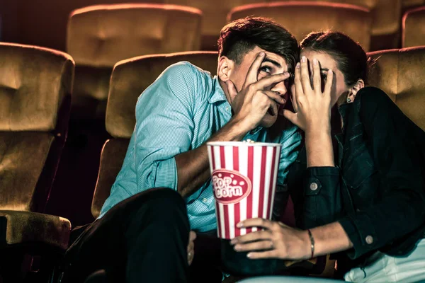 Couple Lovers Watching Movie Shock Eyes Close Movie Theater Cinema — Stock Photo, Image