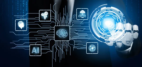 3D Rending gelecekteki robot teknolojisi geliştirme, yapay zeka yapay zeka ve makine öğrenme konsepti. İnsan hayatının geleceği için küresel robot biyonik bilim araştırması.