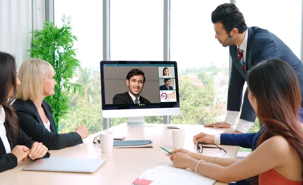 Videogesprek Groep Zakelijke Mensen Vergadering Virtuele Werkplek Afstand Kantoor Telework — Stockfoto