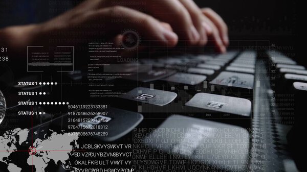 Man working on laptop computer keyboard with graphic user interface GUI hologram showing concepts of big data science technology, digital network connection and computer programming algorithm.