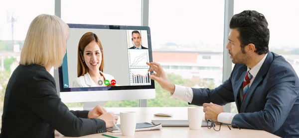 Grupo Chamadas Vídeo Reunião Empresários Local Trabalho Virtual Escritório Remoto — Fotografia de Stock