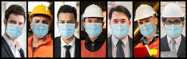 Diverse people with face mask protected from Coronavirus or COVID-19 photo set in banner concept of person fighting 2019 coronavirus disease COVID-19 pandemic outbreak.