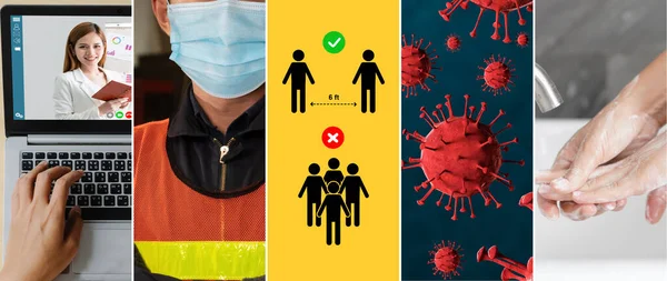 Coronavirus COVID-19 görüntü pankartı güvenlik önlemi ve covid-19 ya da 2019 Coronavirus hastalığının yayılmasını önlemek için doktor hizmeti de dahil olmak üzere önleme bilgisi kavramına yerleştirildi.