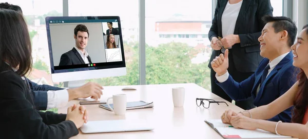 Grupo Chamadas Vídeo Reunião Empresários Local Trabalho Virtual Escritório Remoto — Fotografia de Stock