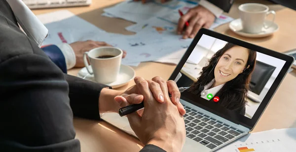 Grupo Chamadas Vídeo Reunião Empresários Local Trabalho Virtual Escritório Remoto — Fotografia de Stock