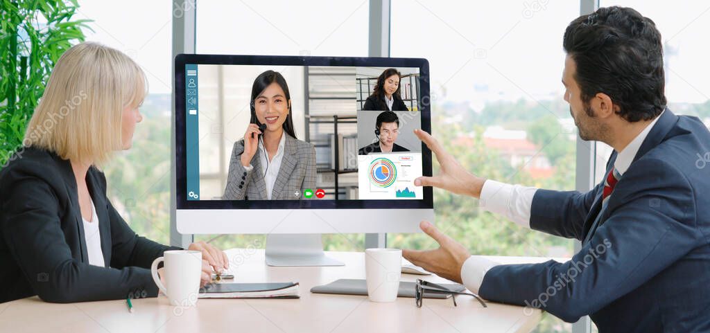 Video call group business people meeting on virtual workplace or remote office. Telework conference call using smart video technology to communicate colleague in professional corporate business.