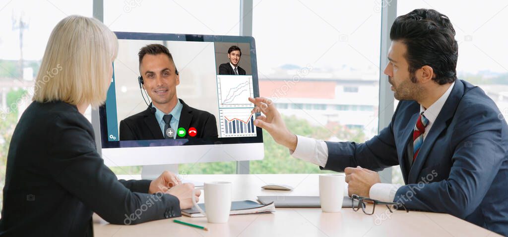 Video call group business people meeting on virtual workplace or remote office. Telework conference call using smart video technology to communicate colleague in professional corporate business.