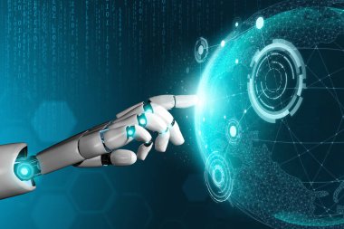3D Rending gelecekteki robot teknolojisi geliştirme, yapay zeka yapay zeka ve makine öğrenme konsepti. İnsan hayatının geleceği için küresel robot biyonik bilim araştırması.