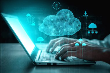 İş ağı konsepti için bulut bilgisayar teknolojisi ve çevrimiçi veri depolama. Bulut veri transferi için internet sunucu servisine bağlanan bilgisayar 3B fütüristik grafik arayüzünde sunuluyor.
