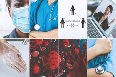 Coronavirus COVID-19 görüntü pankartı güvenlik önlemi ve covid-19 ya da 2019 Coronavirus hastalığının yayılmasını önlemek için doktor hizmeti de dahil olmak üzere önleme bilgisi kavramına yerleştirildi.