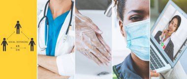 Coronavirus COVID-19 görüntü pankartı güvenlik önlemi ve covid-19 ya da 2019 Coronavirus hastalığının yayılmasını önlemek için doktor hizmeti de dahil olmak üzere önleme bilgisi kavramına yerleştirildi.