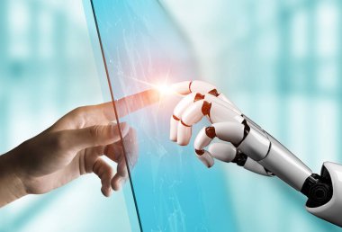 3D Rending gelecekteki robot teknolojisi geliştirme, yapay zeka yapay zeka ve makine öğrenme konsepti. İnsan hayatının geleceği için küresel robot biyonik bilim araştırması.