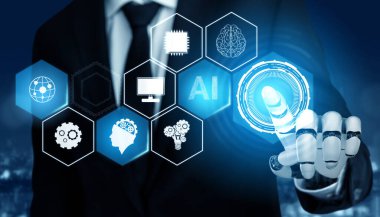 3D Rending gelecekteki robot teknolojisi geliştirme, yapay zeka yapay zeka ve makine öğrenme konsepti. İnsan hayatının geleceği için küresel robot biyonik bilim araştırması.