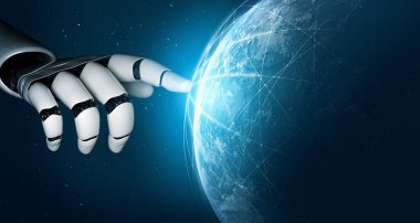 3D Rending gelecekteki robot teknolojisi geliştirme, yapay zeka yapay zeka ve makine öğrenme konsepti. İnsan hayatının geleceği için küresel robot biyonik bilim araştırması.