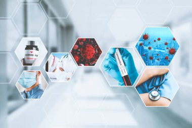 Coronavirus COVID-19 fotoğraf pankartı, covid-19 veya 2019 Coronavirus Hastalığını önlemek, tedavi etmek ve tedavi etmek için ilaç, aşı ve doktor hizmetleri de dahil olmak üzere tıbbi tedavi kavramını içermektedir..