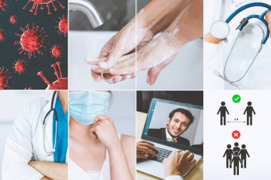 Coronavirus COVID-19 görüntü pankartı güvenlik önlemi ve covid-19 ya da 2019 Coronavirus hastalığının yayılmasını önlemek için doktor hizmeti de dahil olmak üzere önleme bilgisi kavramına yerleştirildi.