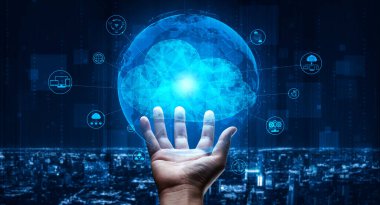 İş ağı konsepti için bulut bilgisayar teknolojisi ve çevrimiçi veri depolama. Bulut veri transferi için internet sunucu servisine bağlanan bilgisayar 3B fütüristik grafik arayüzünde sunuluyor.