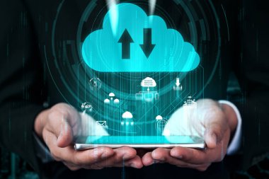 İş ağı konsepti için bulut bilgisayar teknolojisi ve çevrimiçi veri depolama. Bulut veri transferi için internet sunucu servisine bağlanan bilgisayar 3B fütüristik grafik arayüzünde sunuluyor.