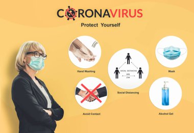 Covid-19 Coronavirus önleme ipuçları insanları covid-19 enfeksiyonundan korumak için kullanılır. Tavsiye arasında sosyal uzaklık, yüz maskesi takmak ve koronavirüsü dezenfekte etmek için hijyen bakımı yer alıyor.