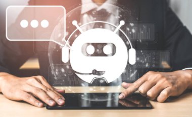 Al Chatbot akıllı dijital müşteri hizmetleri uygulaması konsepti. Yapay zeka sohbet botu otomatik mesajı kullanan bilgisayar veya mobil aygıt uygulaması müşterilere anında yardım etmek için çevrimiçi yanıt verir.