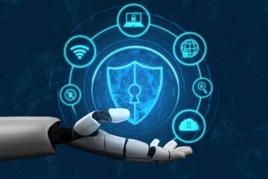 3D Rending gelecekteki robot teknolojisi geliştirme, yapay zeka yapay zeka ve makine öğrenme konsepti. İnsan hayatının geleceği için küresel robot biyonik bilim araştırması.