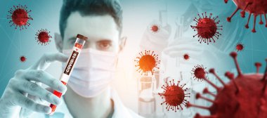 Coronavirus COVID 19 tıbbi test aşısı araştırma ve geliştirme konsepti. COVID-19 için ilaç tedavisi üretmek üzere Coronavirus antikor bilimsel örneklerini inceleyen ve analiz eden bilim insanları.
