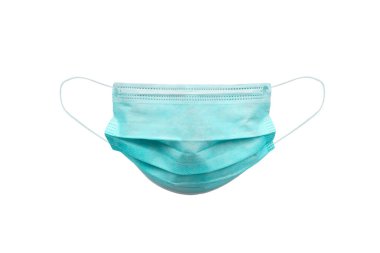 Tıbbi yüz maskesi beyaz arka planda izole edilmiş. Yüz maskesi ve kulak ipinin etrafında kesik izleri var. COVID-19 veya Coronavirus Hastalığı kavramı. Yüz maskesi takarak önleme 2019..