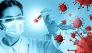 Coronavirus COVID 19 tıbbi test aşısı araştırma ve geliştirme konsepti. COVID-19 için ilaç tedavisi üretmek üzere Coronavirus antikor bilimsel örneklerini inceleyen ve analiz eden bilim insanları.