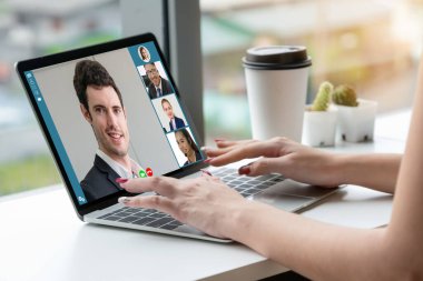 Video call business people meeting on virtual workplace or remote office. Telework conference call using smart video technology to communicate colleague in professional corporate business. clipart