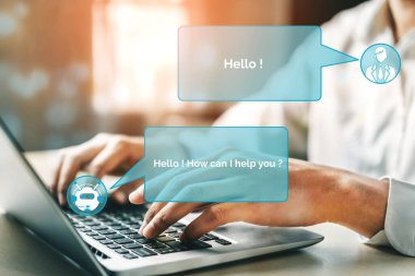 Al Chatbot akıllı dijital müşteri hizmetleri uygulaması konsepti. Yapay zeka sohbet botu otomatik mesajı kullanan bilgisayar veya mobil aygıt uygulaması müşterilere anında yardım etmek için çevrimiçi yanıt verir.