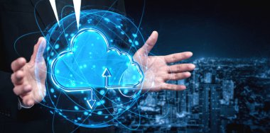 İş ağı konsepti için bulut bilgisayar teknolojisi ve çevrimiçi veri depolama. Bulut veri transferi için internet sunucu servisine bağlanan bilgisayar 3B fütüristik grafik arayüzünde sunuluyor.