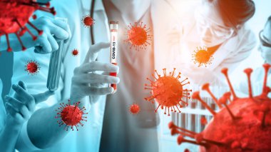 Coronavirus COVID 19 tıbbi test aşısı araştırma ve geliştirme konsepti. COVID-19 için ilaç tedavisi üretmek üzere Coronavirus antikor bilimsel örneklerini inceleyen ve analiz eden bilim insanları.