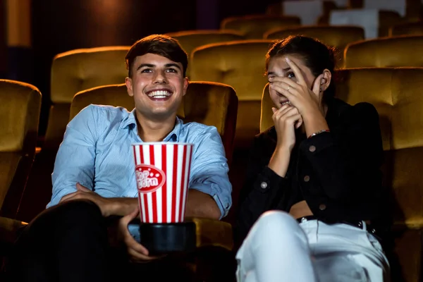 Couple Caucasian Watch Thriller Movie Cinema Woman Eyes Closed Turning — Stock Photo, Image