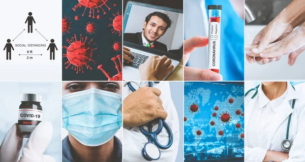 Coronavirus Covid Nieuws Verhaal Samenvatting Foto Set Concept Van Covid — Stockfoto