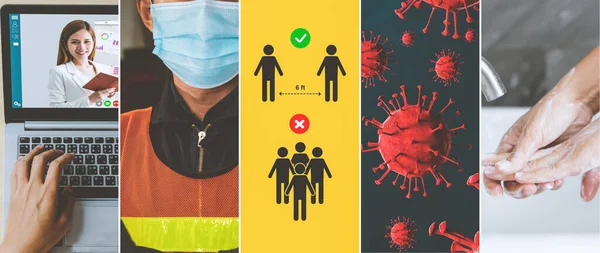 Coronavirus Covid Imagem Definir Banner Conceito Informações Prevenção Incluindo Precaução — Fotografia de Stock