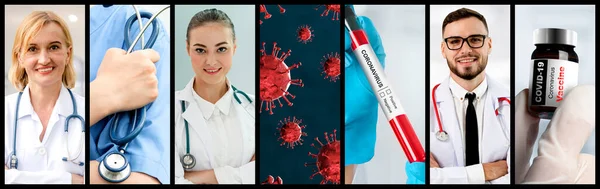 Coronavirus Covid Foto Set Banner Concept Medical Treatment Including Medicine — Fotografia de Stock
