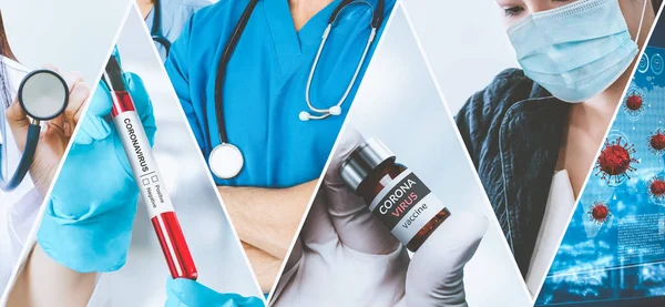 Coronavirus Covid Fotoset Banner Concept Van Medische Behandeling Inclusief Geneeskunde — Stockfoto