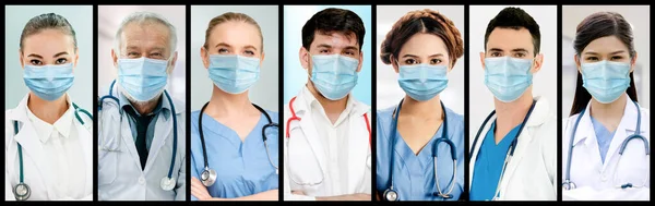 护士和医护人员肖像面对照片横幅树立在医院人员与2019年科罗纳韦勒斯病或Covid 19大流行作斗争的理念上 — 图库照片