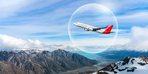 Reiseblasenkonzept Flugzeugreisen Blasen Repräsentieren Ein Internationales Reiseblasenprojekt Zur Wiederbelebung Des — Stockfoto