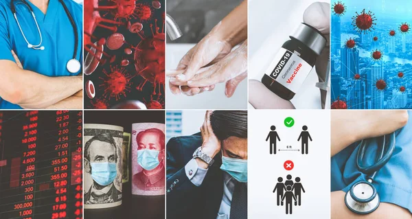 Coronavirus COVID-19 news story summary photo set in concept of covid-19 effects to people life behavior, economy, social and medical service caused by outbreak of 2019 coronavirus disease.