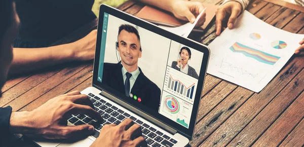 Grupo Chamadas Vídeo Reunião Empresários Local Trabalho Virtual Escritório Remoto — Fotografia de Stock