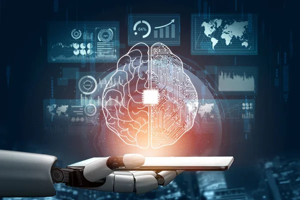 3D Rending gelecekteki robot teknolojisi geliştirme, yapay zeka yapay zeka ve makine öğrenme konsepti. İnsan hayatının geleceği için küresel robot biyonik bilim araştırması.