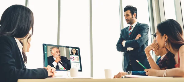 Grupo Chamadas Vídeo Reunião Empresários Local Trabalho Virtual Escritório Remoto — Fotografia de Stock